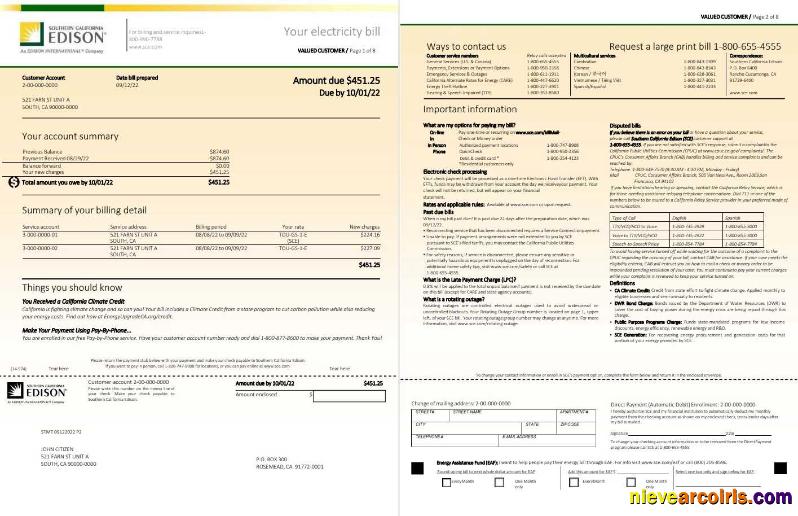USA Southern California EDISON utility bill, 8 pages 1 2